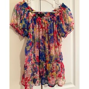Forever 21 XXI Floral Off Shoulder Peplum Blouse Sheer Chiffon Top Multi Color S